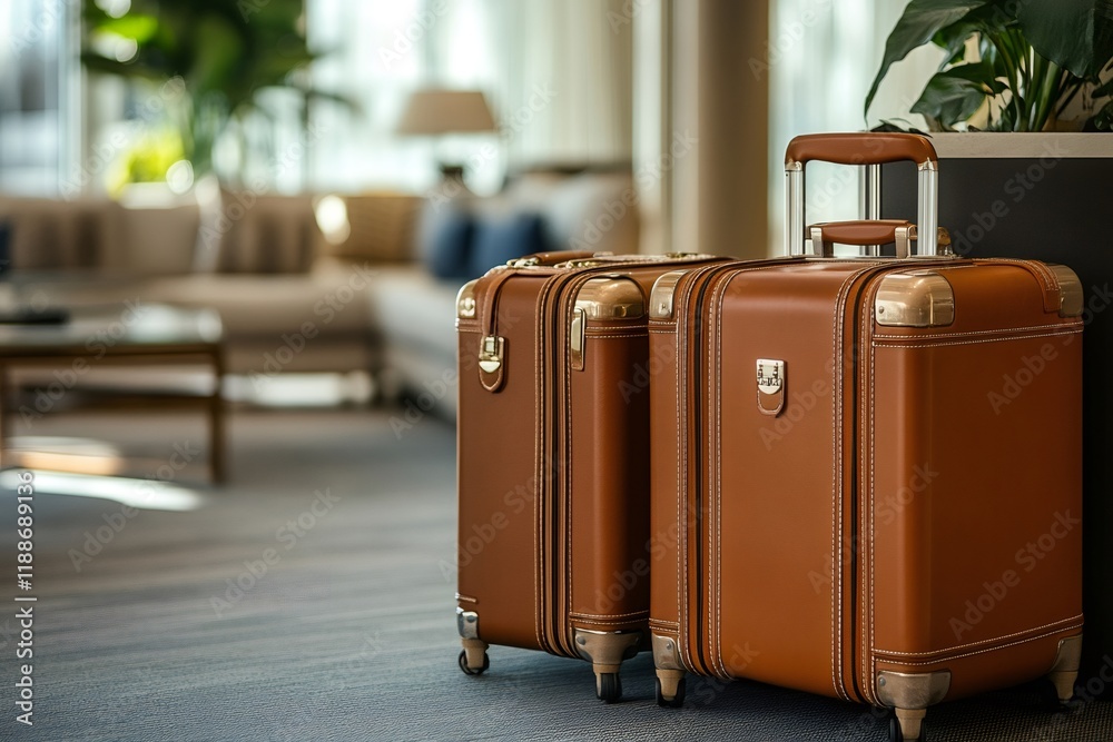 Luxury brown suitcases in modern hotel lobby — No. 1 Globe Vista travel booking